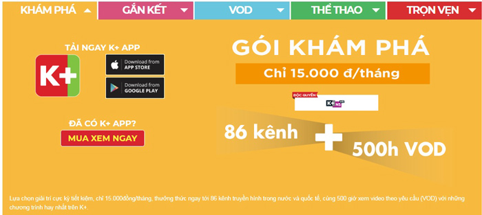 Bảng giá gói K+ tháng